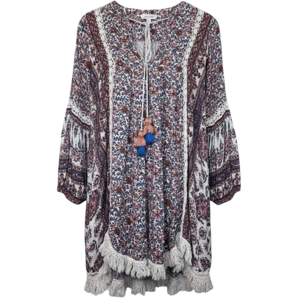 Raga "Samaira" Bohemian-Style Peasant Dress Fringe Tassel Mini Oversize Size XS